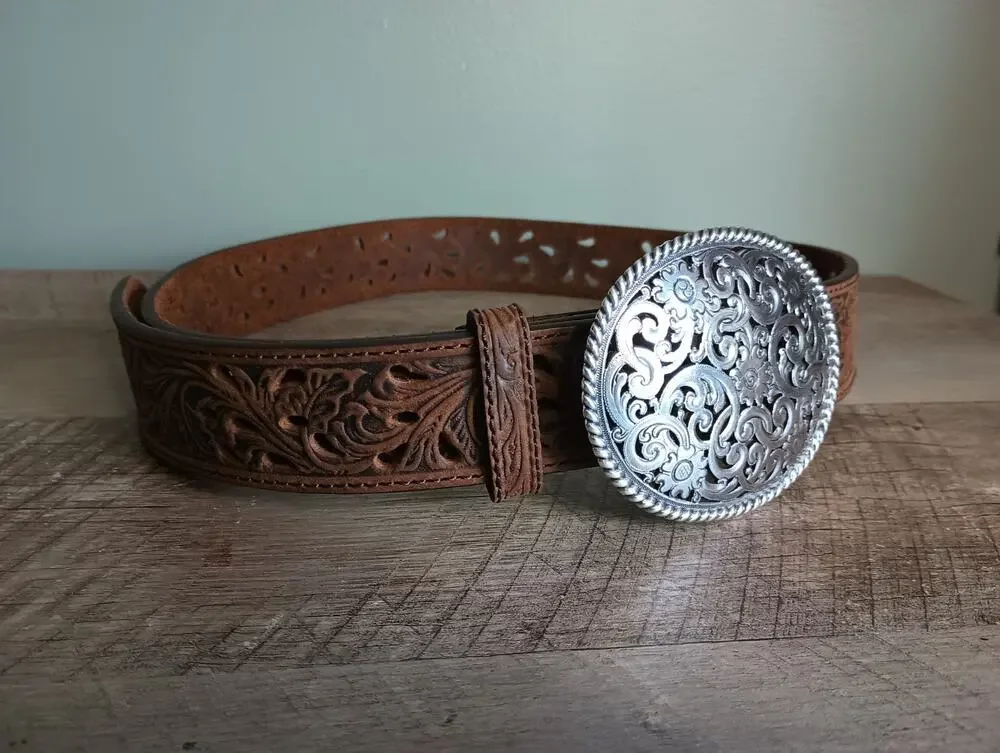 Tony Lama Womens Bark Pierced Filigree Trophy Belt 36 Tooled Leather Western